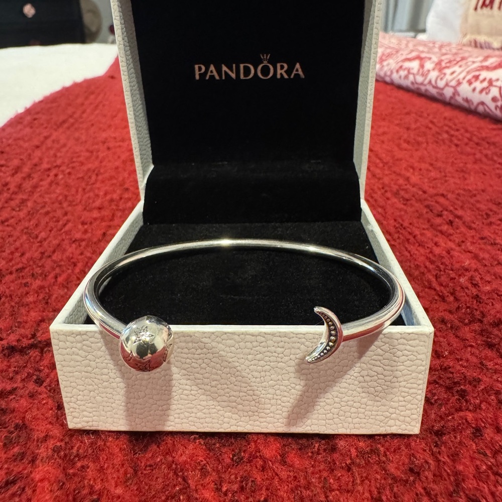 925 Sterling Silver PANDORA Moon & Stars Open Bangle Bracelet 8.6 Grams NWOT